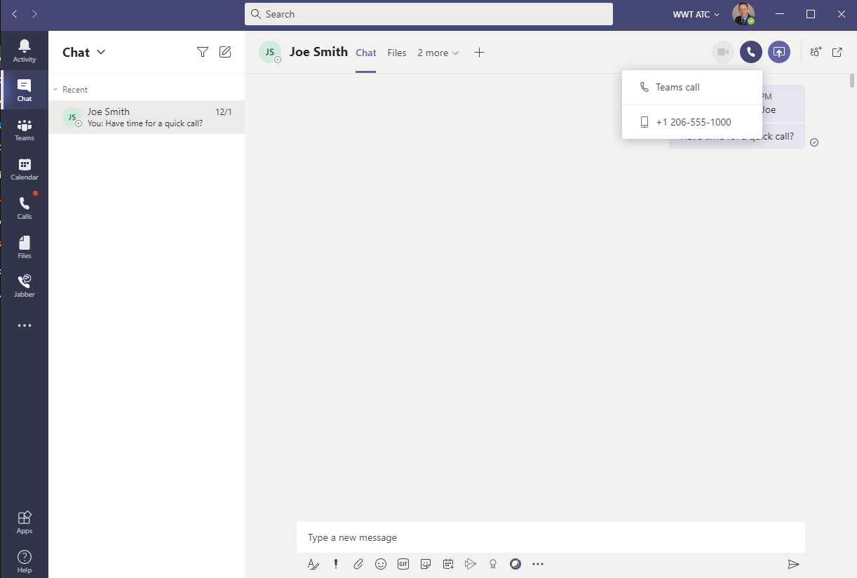 Option 1. The direct routing integration lets employees easily escalate chat conversations to a voice or video call while remaining within Microsoft Teams.