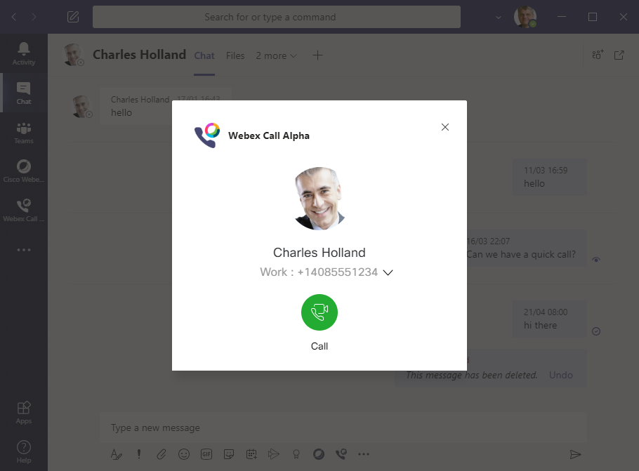 Option 2. Integrating Webex Teams calling within Microsoft Teams lets employees escalate chat conversations to a voice or video call by clicking a button in the bottom navigation bar to launch Webex, then clicking again to place their call.